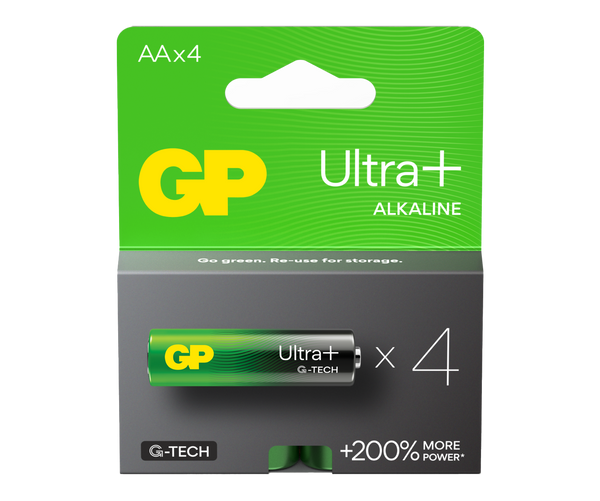 Four pieces of GP Ultra+ Alkaline AA batteries in a paper box - GP Batteries Malaysia