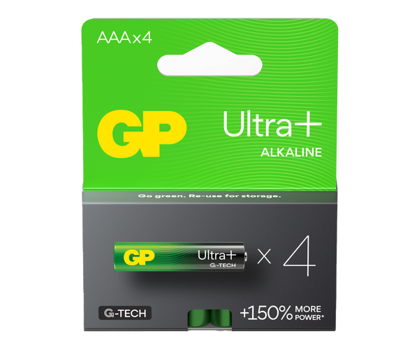 Four pieces of GP Ultra+ Alkaline AAA batteries in a paper box - GP Batteries Malaysia