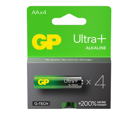 Four pieces of GP Ultra+ Alkaline AA batteries in a paper box - GP Batteries Malaysia