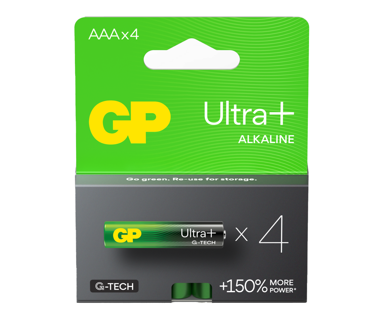 Four pieces of GP Ultra+ Alkaline AAA batteries in a paper box - GP Batteries Malaysia