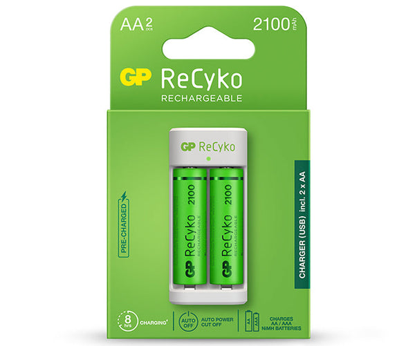Pengecas GP ReCyko E211 (USB) 2-Slot NiMH dengan 2 x 2100mAh Bateri NiMH AA